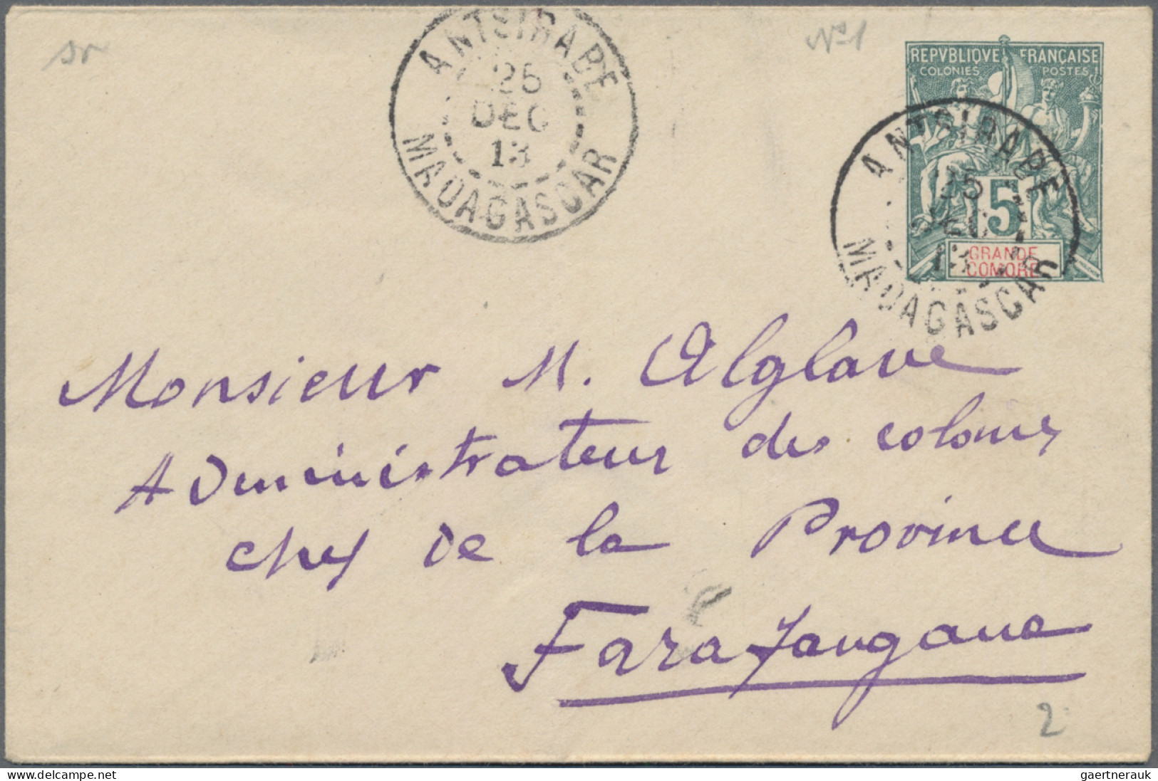 Comores  - Postal Stationary: 1913, Name-card Size Envelope 5 C. Used "Antsirabe - Isole Comore (1975-...)