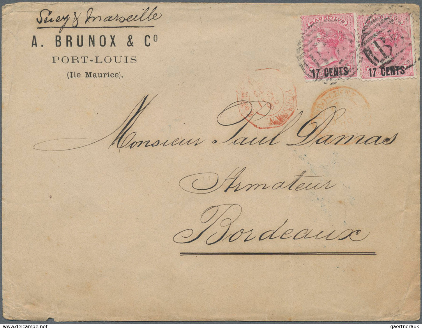 Mauritius: 1879/1881, 17c. On 4d. Rose, Two Covers To Same Address In Bordeaux, - Maurice (...-1967)