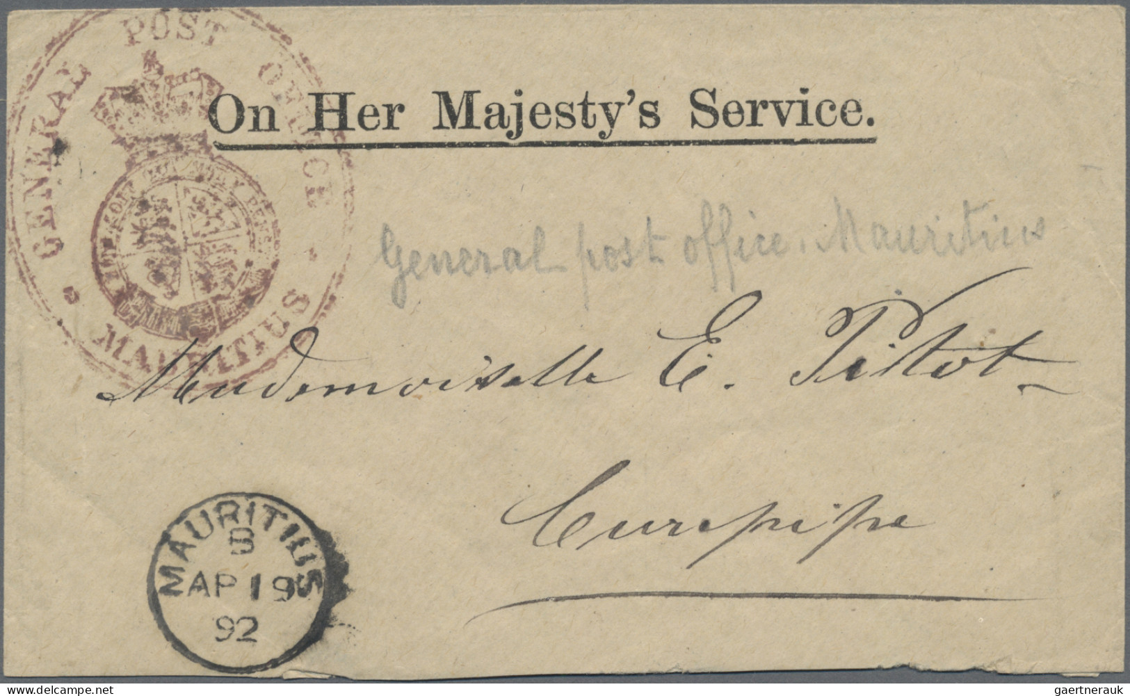 Mauritius: 1892, Small Size OHMS Cover With Large Reddish-brown Crown Seal Mark - Maurice (...-1967)