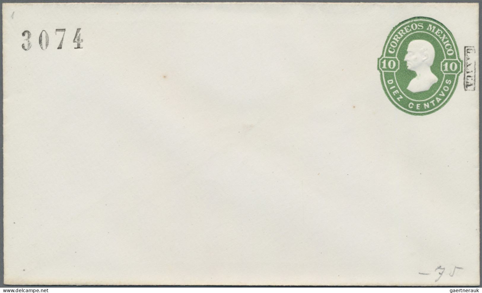 Mexico - Postal Stationary: 1874, Envelope 10 C. Green (5) With District Ovpt. 3 - Mexico