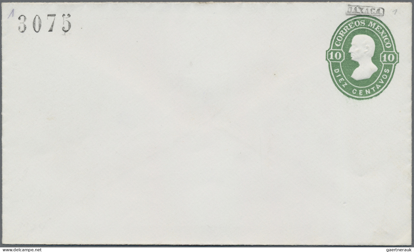 Mexico - Postal stationary: 1874, envelope 10 C. green (5) with district ovpt. 3