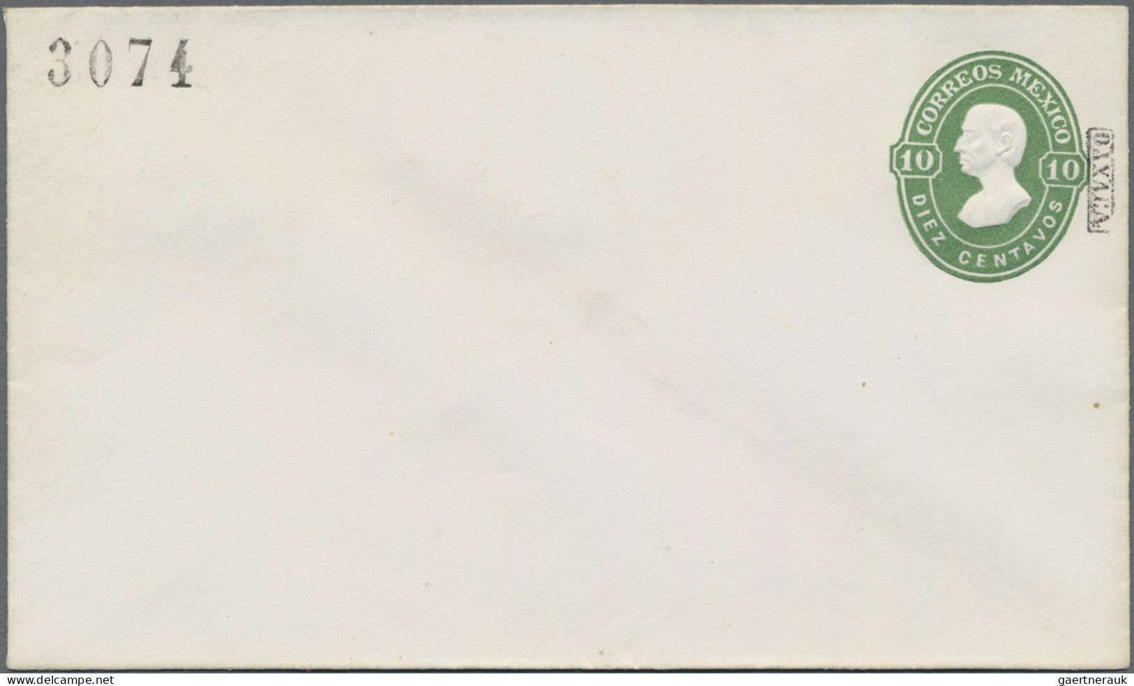 Mexico - Postal stationary: 1874, envelope 10 C. green (5) with district ovpt. 3