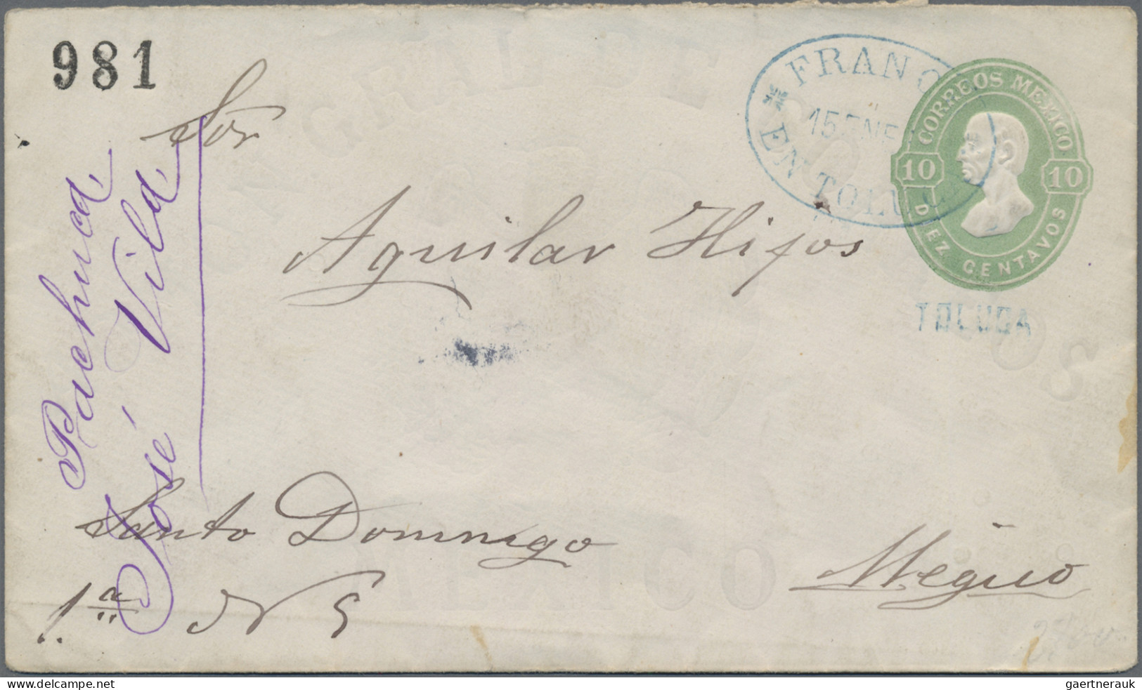 Mexico - Postal Stationary: 1874, Envelope 10 C. Green With Blue Oval "Franco / - Messico