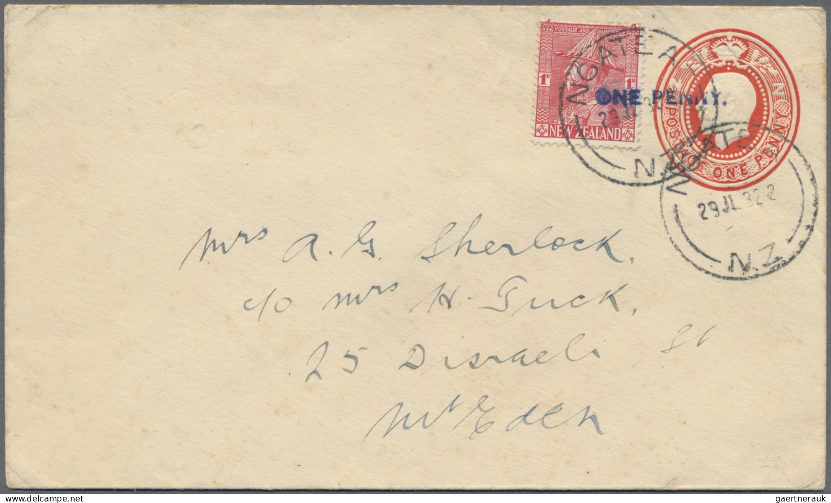 New Zealand: 1932 (29.7.), KGV As Field-Marshall 1d. Carmine Used On Stat. Envel - Lettres & Documents