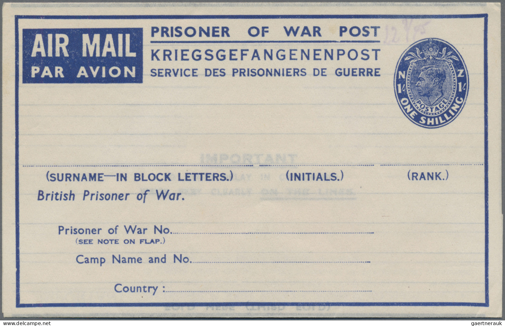 New Zealand - Postal Stationery: 1943, Unused 1 Sh Blue Airletter Sheet Of POWs - Entiers Postaux