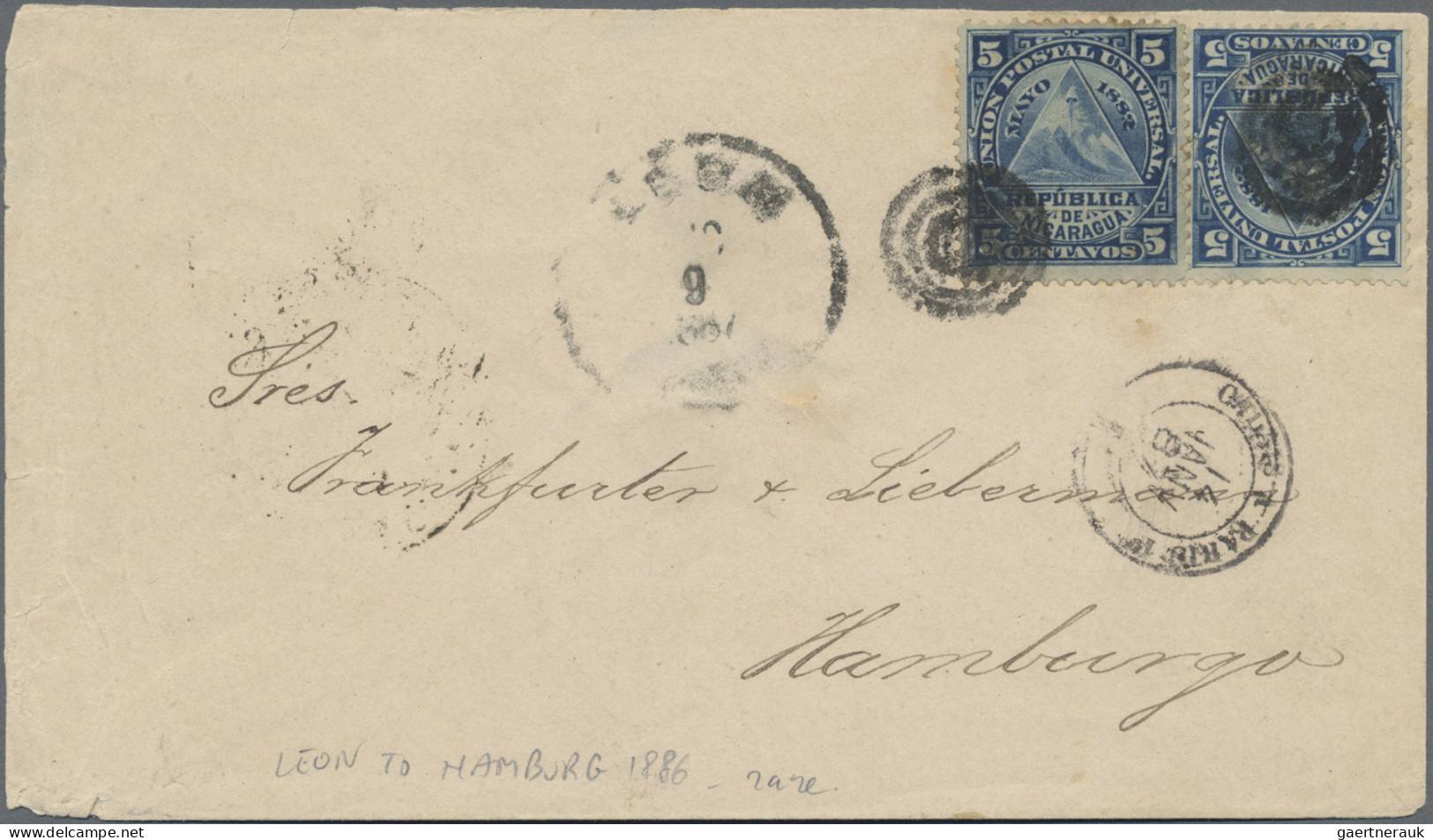 Nicaragua: 1886: Envelope From Leon To Hamburg. Franked With Two 5 C Blue (issue - Nicaragua