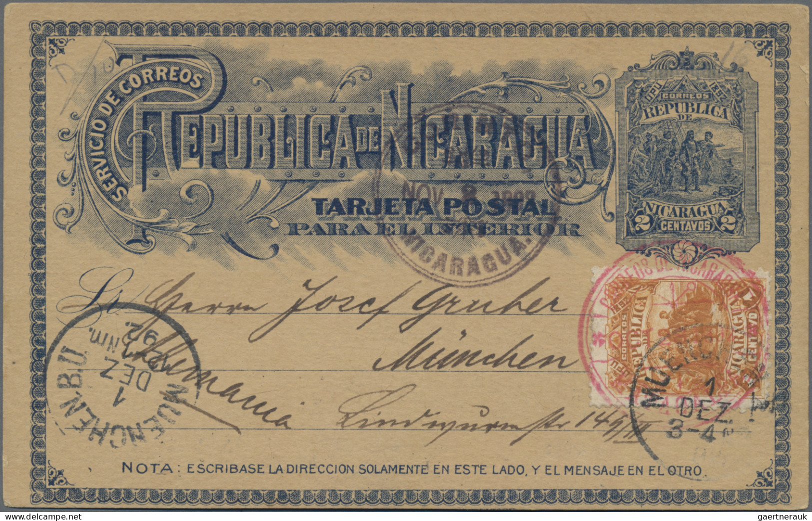 Nicaragua: 1892: Postal Stationery Card (H&G 16) With 1 C. (Scott No. 4) From Ma - Nicaragua