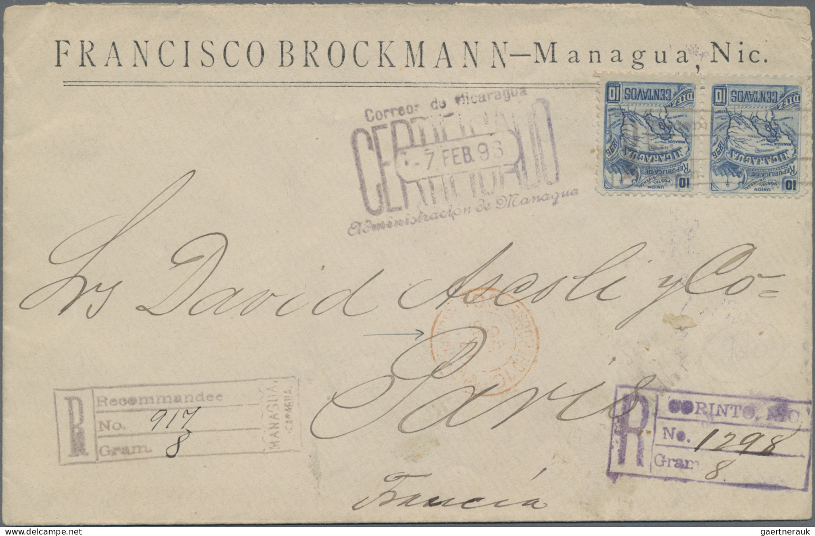 Nicaragua: 1896: Registered Company Envelope From Managua To Paris Franked With - Nicaragua
