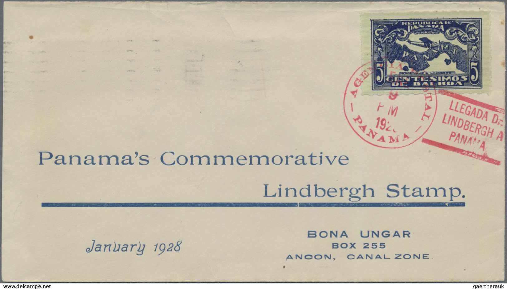 Panama: 1928, 5 C Commemorative For The Lindberg Flight Tied By Red Special Canc - Panama