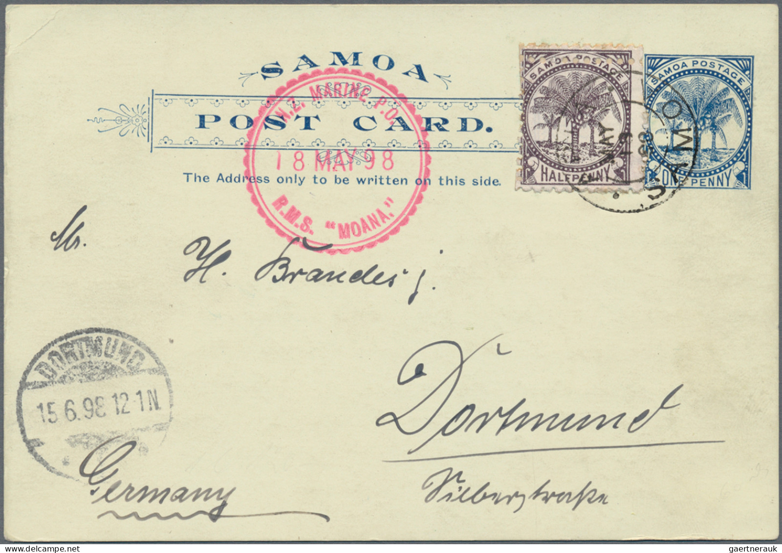 Samoa - Postal Stationery: 1898, J.Davis, Postal Card 1d. Blue Uprated By ½d. Pu - Samoa