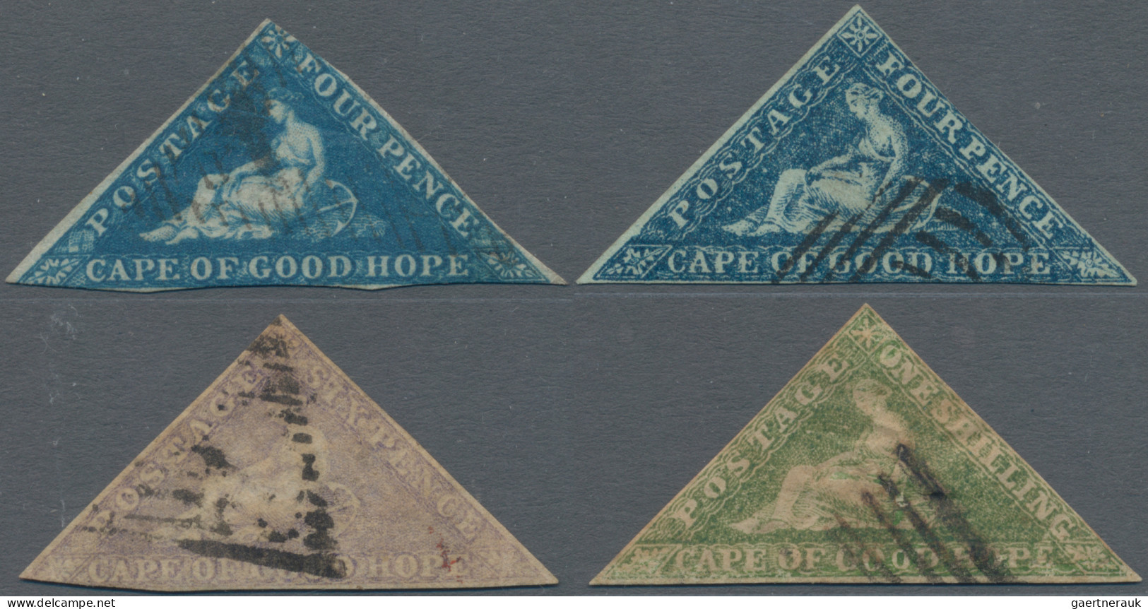 Cap Of Good Hope: 1853-64 Four Triangles Used, From 1d. To 1s., Various Printing - Cabo De Buena Esperanza (1853-1904)