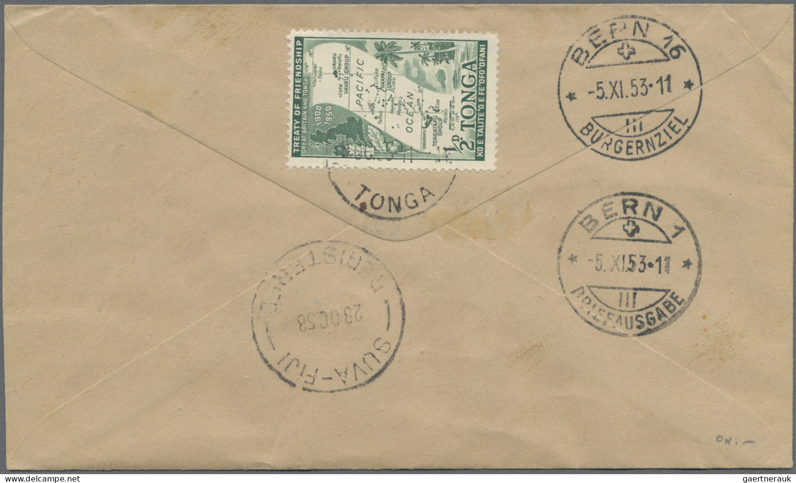 Tonga: 1953: Registered Airmail-Letter (blue K2 "AV 2") From Tonga To Bern. Sent - Tonga (...-1970)