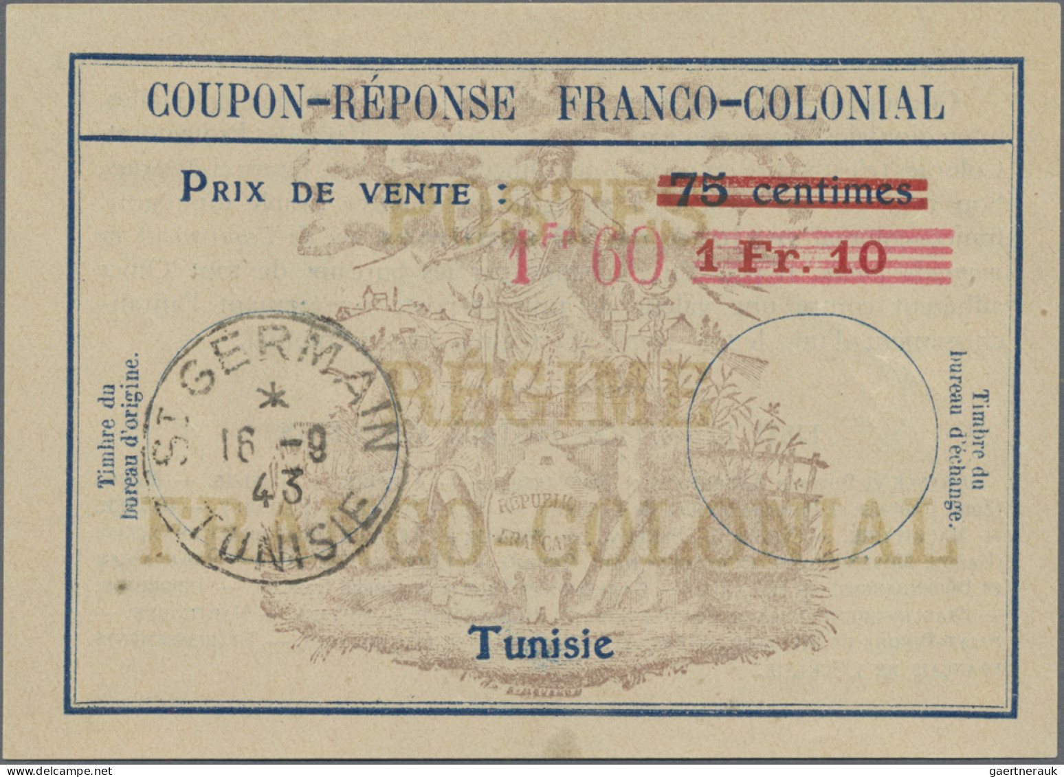 Tunisia - Postal Stationery: 1943 Coupon-Réponse Franco-Colonial "1Fr 60" On "1F - Tunesien (1956-...)