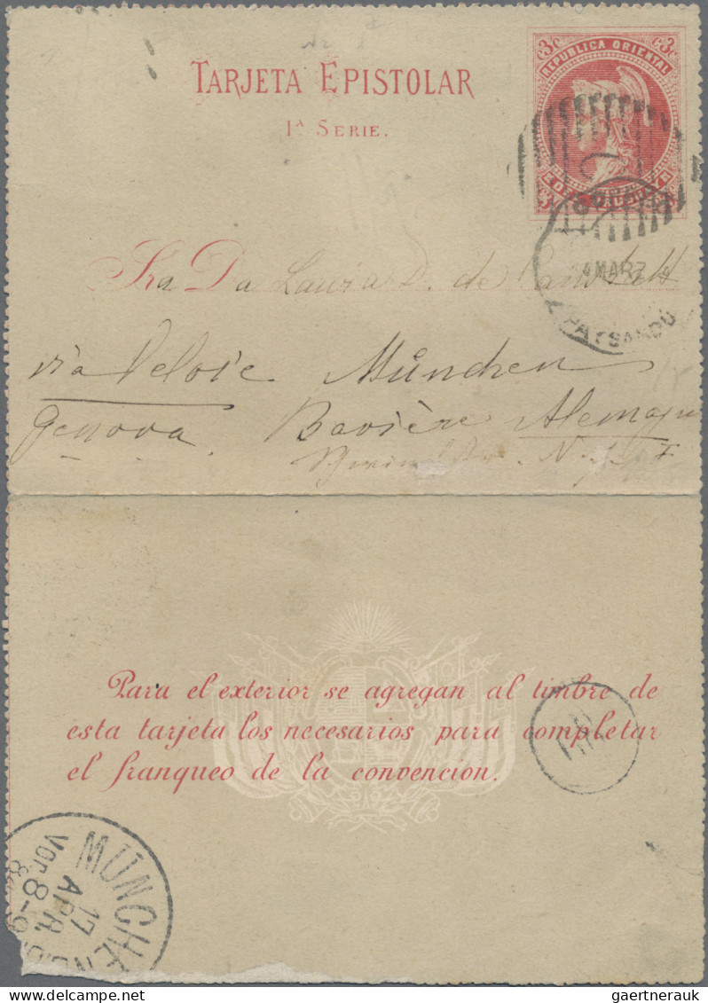 Uruguay - postal stationery: 1883/1889, four commercially used letter cards with