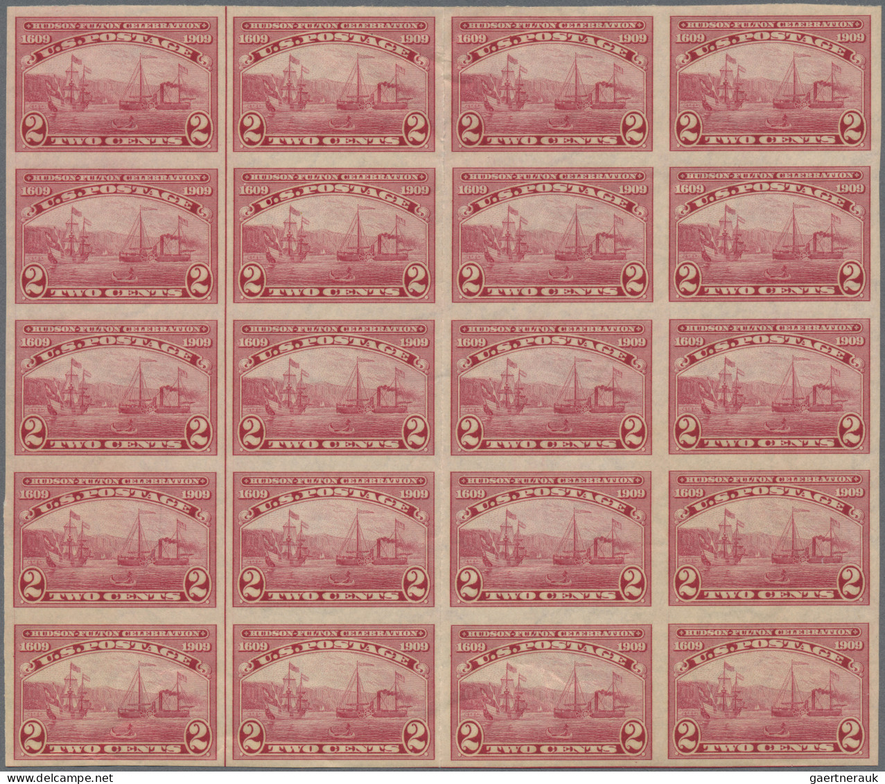 United States: 1909, Hudson–Fulton Celebration 2c. Carmine, Block Of 20 (separat - Unused Stamps
