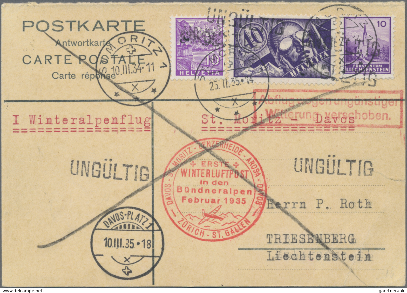 Airmail - Europe: LIECHTENSTEIN, 1934, 1.Bündner-Winteralpenpost St.Moritz-Davos - Europe (Other)