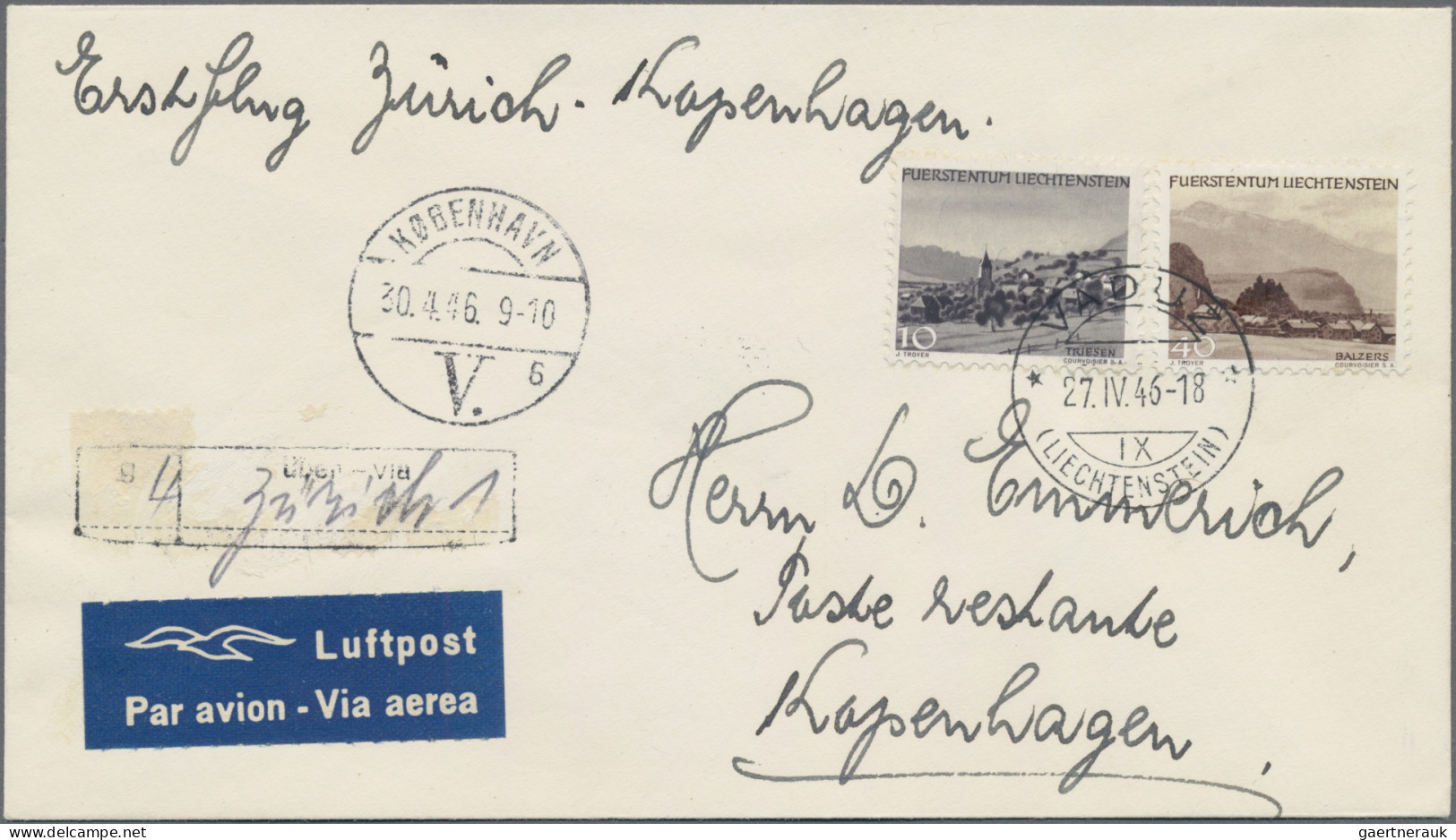 Airmail - Europe: LIECHTENSTEIN, 1946, Versuchsflug Zürich-Kopenhagen Auf LP-Bri - Otros - Europa