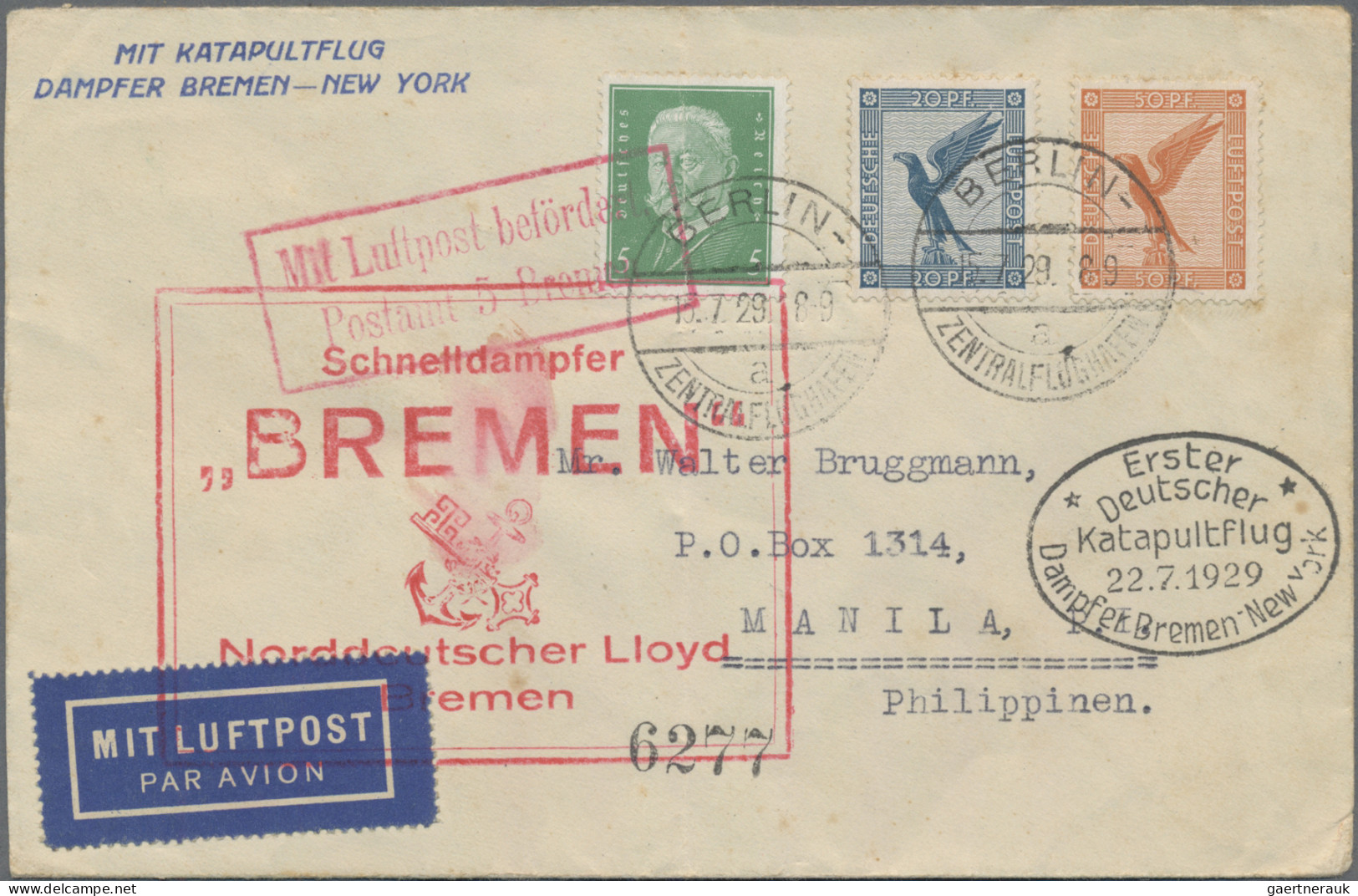 Skid Flight Mail: 1929 Destination MANILA: Gedruckter Flugpostumschlag Von Berli - Correo Aéreo & Zeppelin