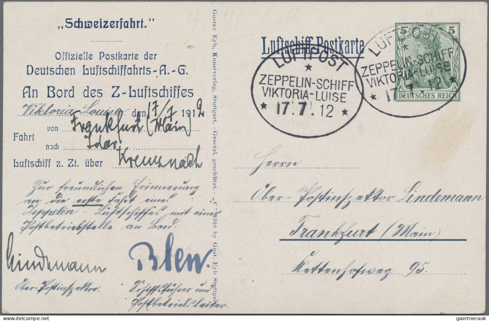 Zeppelin Mail - Germany: 1912 (17. Juli) "Victoria-Luise": Offizielle Bord-Ganzs - Airmail & Zeppelin