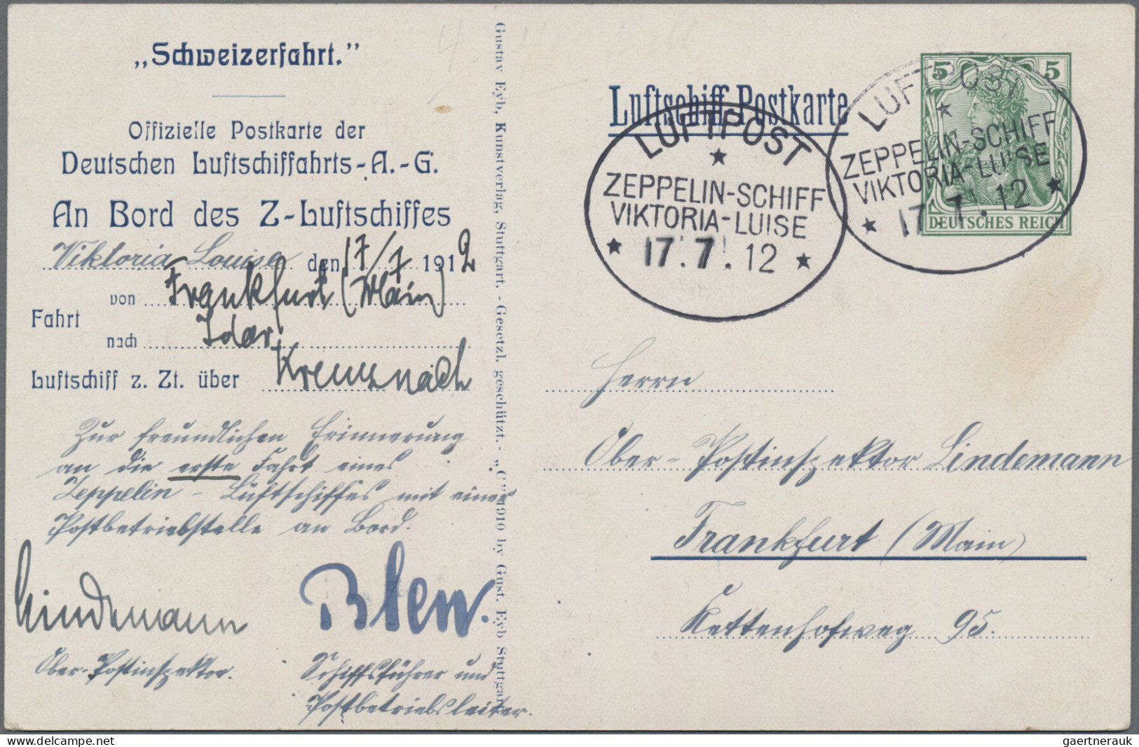 Zeppelin Mail - Germany: 1912 (17. Juli) "Victoria-Luise": Offizielle Bord-Ganzs - Luft- Und Zeppelinpost