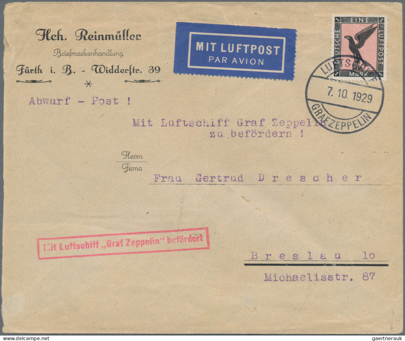 Zeppelin Mail - Germany: 1929, 7.10., Schlesienfahrt, Bordpostbrief Frankiert Mi - Correo Aéreo & Zeppelin