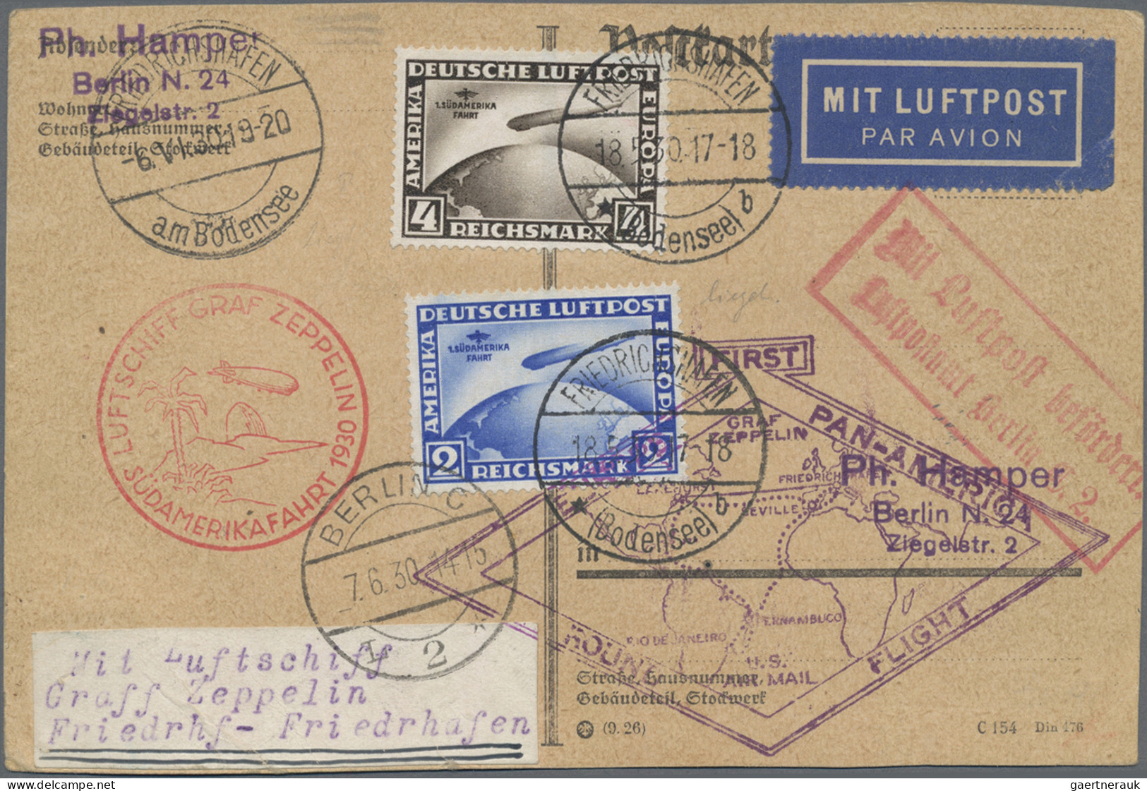 Zeppelin Mail - Germany: 1930 Südamerikafahrt Und über Lakehurst Retour: Postkar - Airmail & Zeppelin