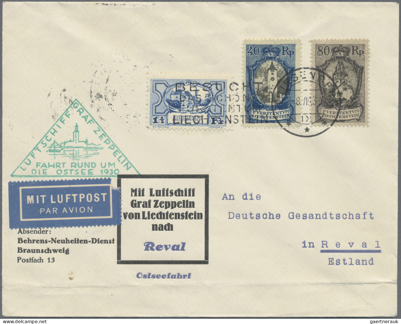 Zeppelin Mail - Germany: 1930, LIECHTENSTEIN, OSTSEEFAHRT 1½ Fr, 40 Rp Und 80 Rp - Luchtpost & Zeppelin