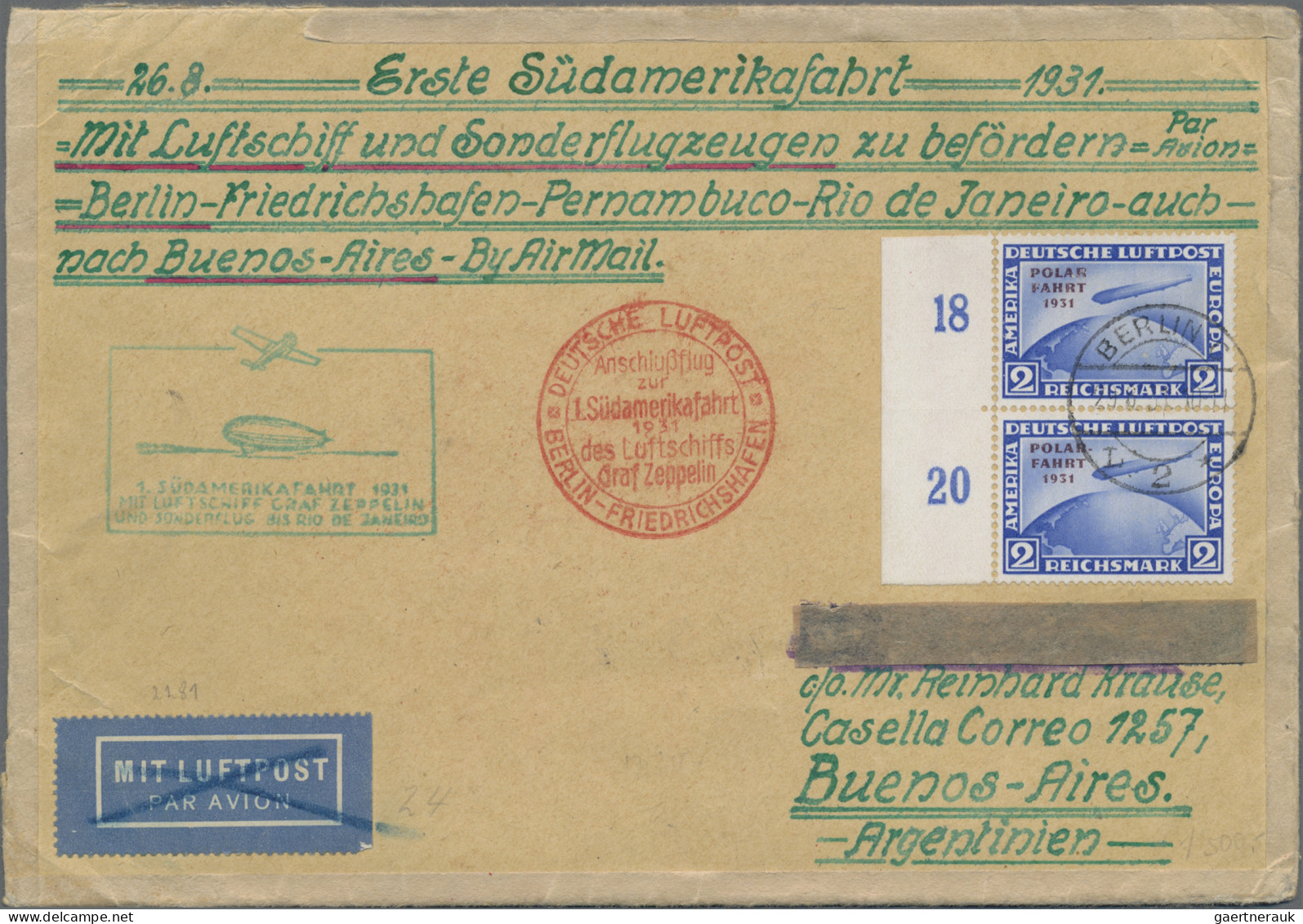 Zeppelin Mail - Germany: 1931, 2 M Polarfahrt Im Senkrechten Paar Vom Linken Sei - Correo Aéreo & Zeppelin