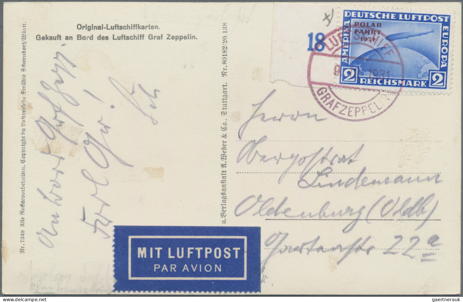 Zeppelin Mail - Germany: 1931 2 RM "POLAR FAHRT" Mit Aufdruckfehler "OHNE BINDES - Poste Aérienne & Zeppelin