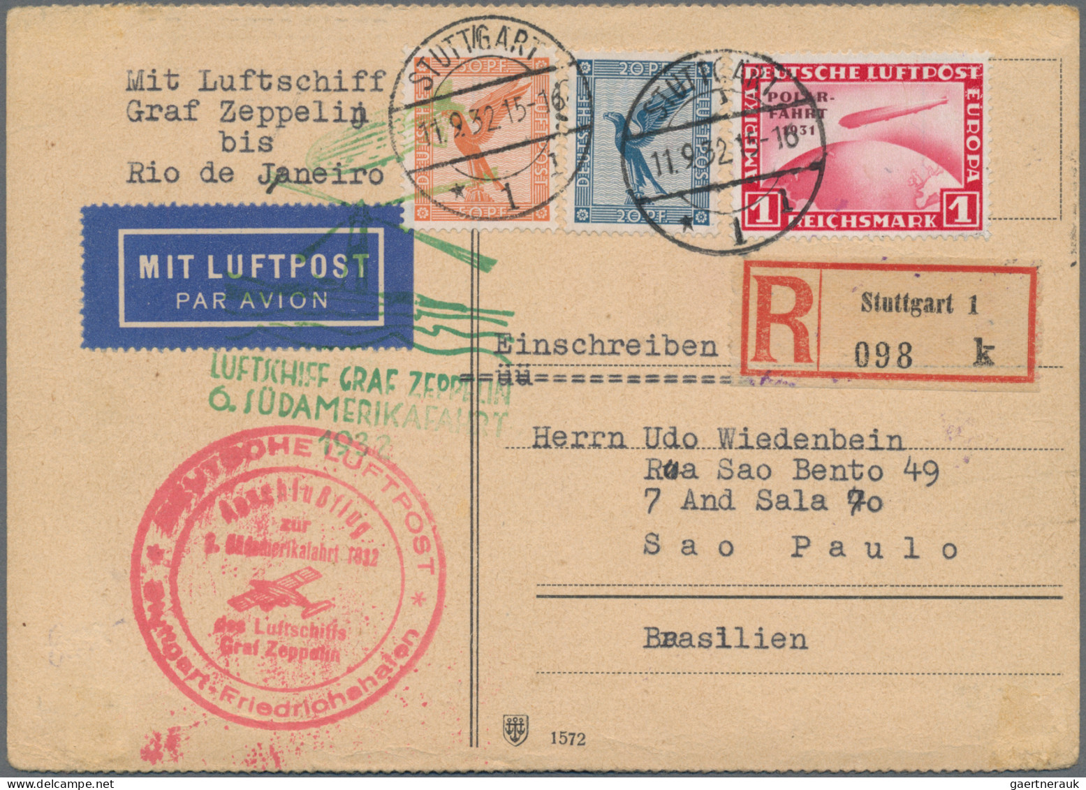 Zeppelin Mail - Germany: 1932, 6. Südamerikafahrt, Anschlussflug Stuttgart, Mit - Luchtpost & Zeppelin