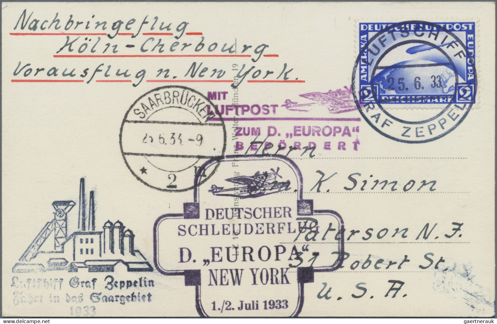 Zeppelin Mail - Germany: 1933, Saarland Flight, Combined With Catapult Flight, 2 - Airmail & Zeppelin