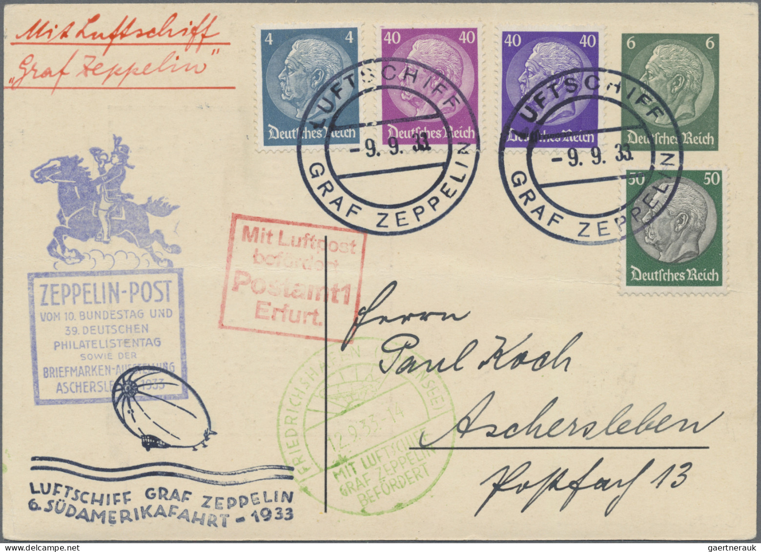 Zeppelin Mail - Germany: 1933 (9.9.), 6. Südamerikafahrt Auf 6 Pf Hindenburg Pri - Correo Aéreo & Zeppelin