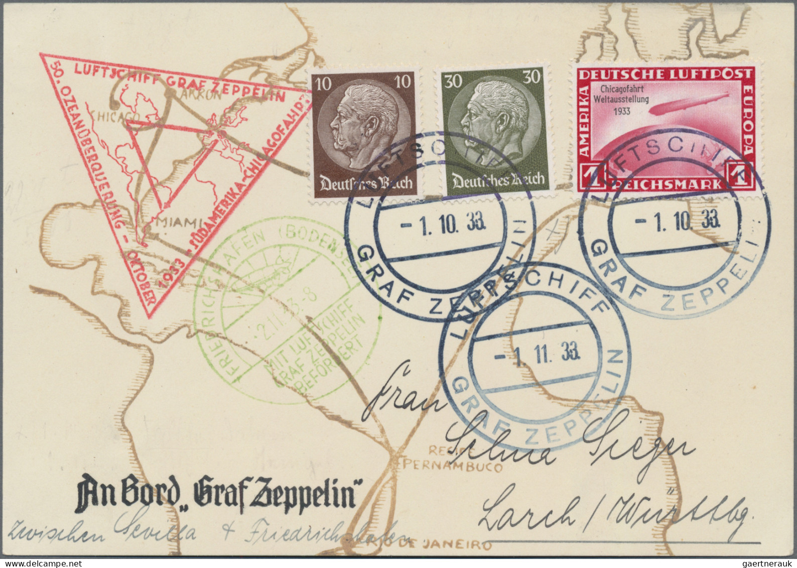 Zeppelin Mail - Germany: 1933 "Chicagofahrt": Zeppelin-Postkarte Mit 1 M. Chicag - Poste Aérienne & Zeppelin
