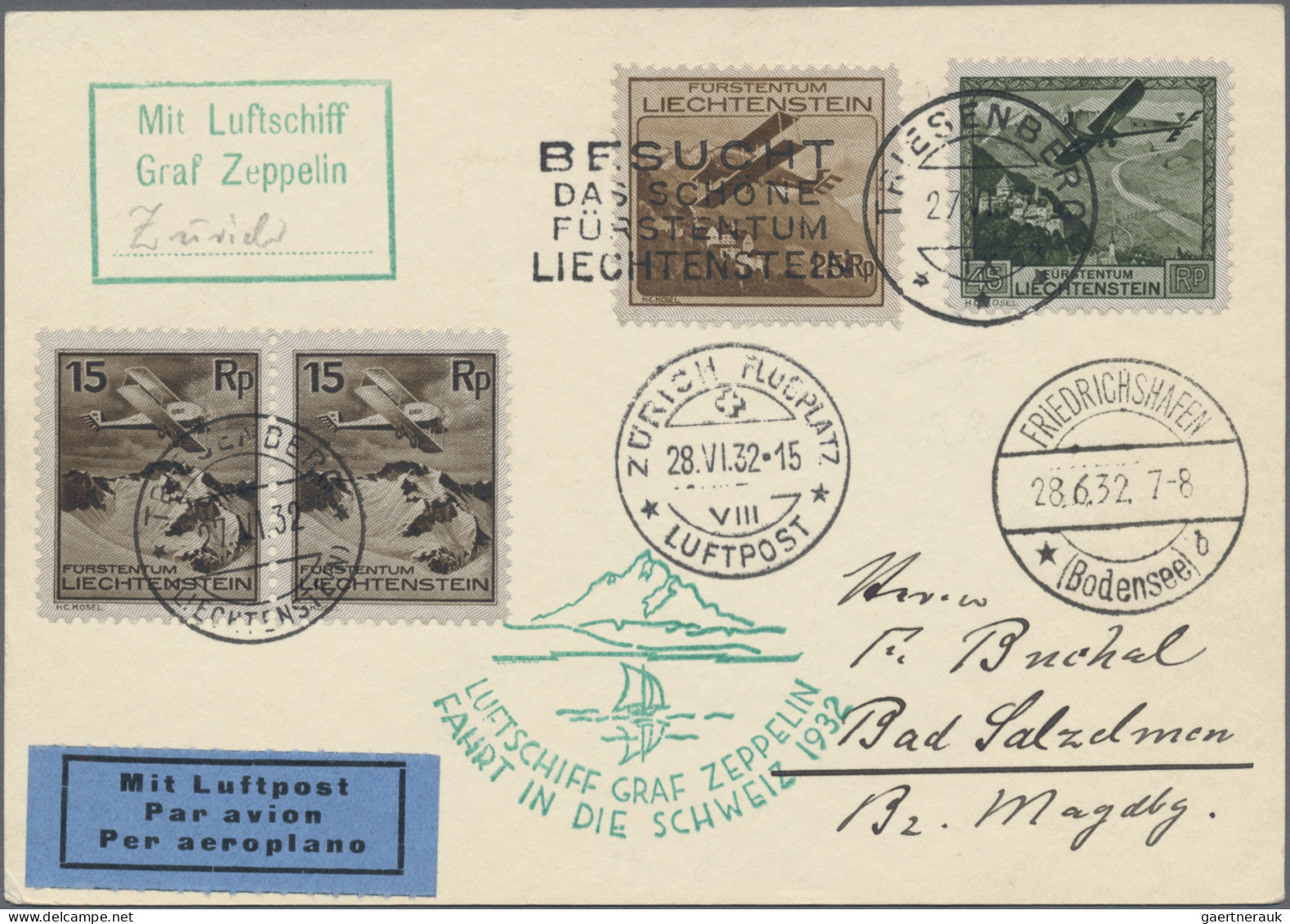 Zeppelin Mail - Europe: 1932, LIECHTENSTEIN, Schweizfahrt Abwurf Zürich Auf Kart - Europe (Other)