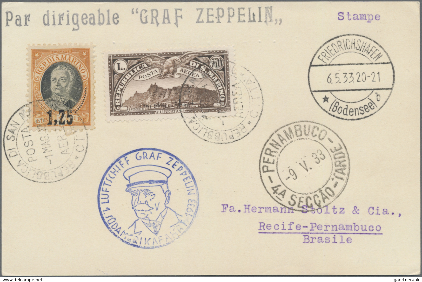 Zeppelin Mail - Europe: 1933, San Marino, 1st South America Flight, Card Franked - Sonstige - Europa