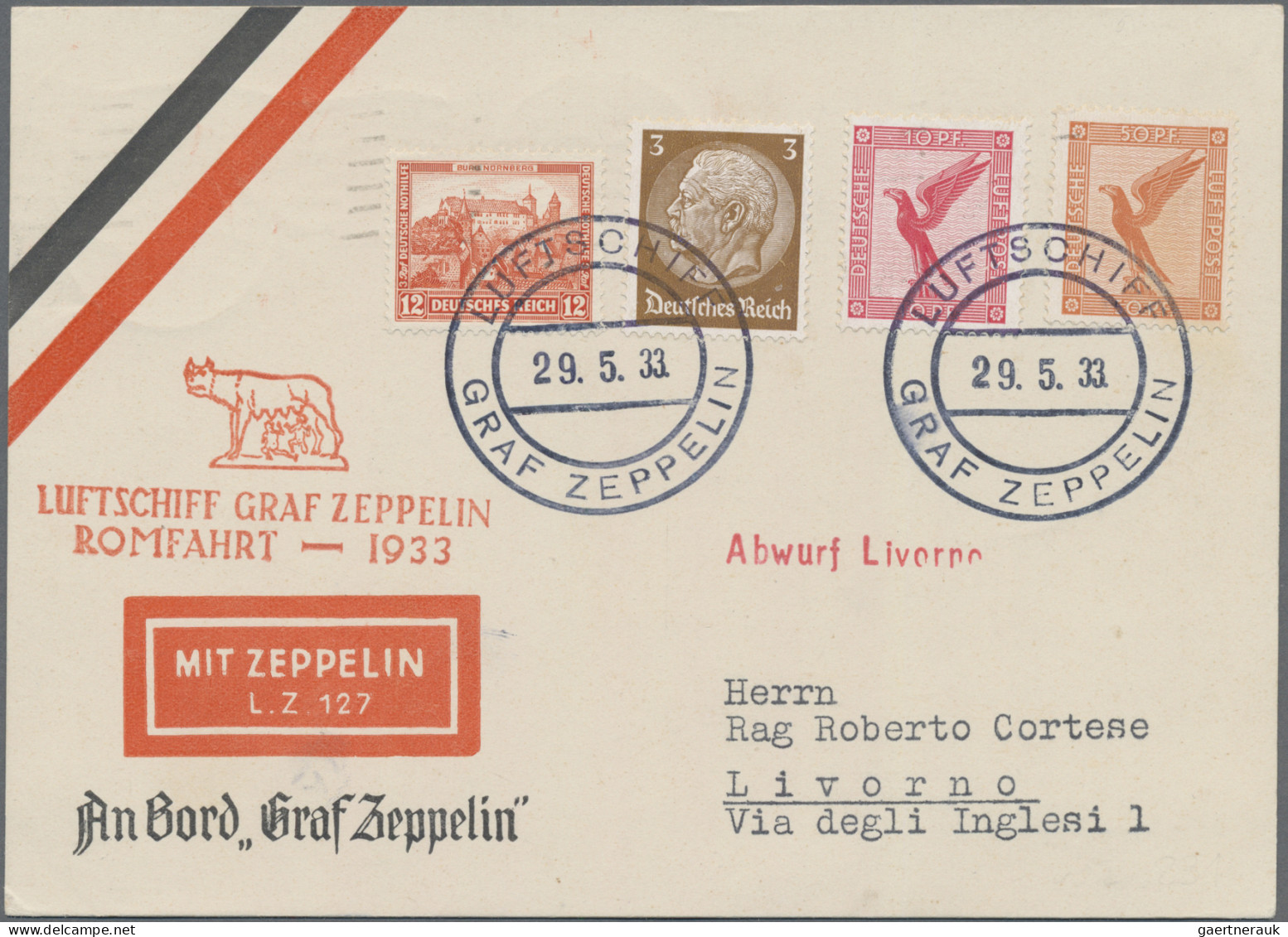 Zeppelin Mail - Europe: 1933, Bordpost Von Der Romfahrt, Abwurf Livorno Mit Rück - Andere-Europa