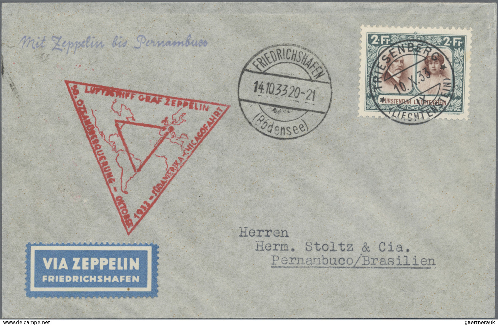 Zeppelin Mail - Europe: 1933, LIECHTENSTEIN, Chicago-Dreiecksfahrt Bis Pernambuc - Otros - Europa