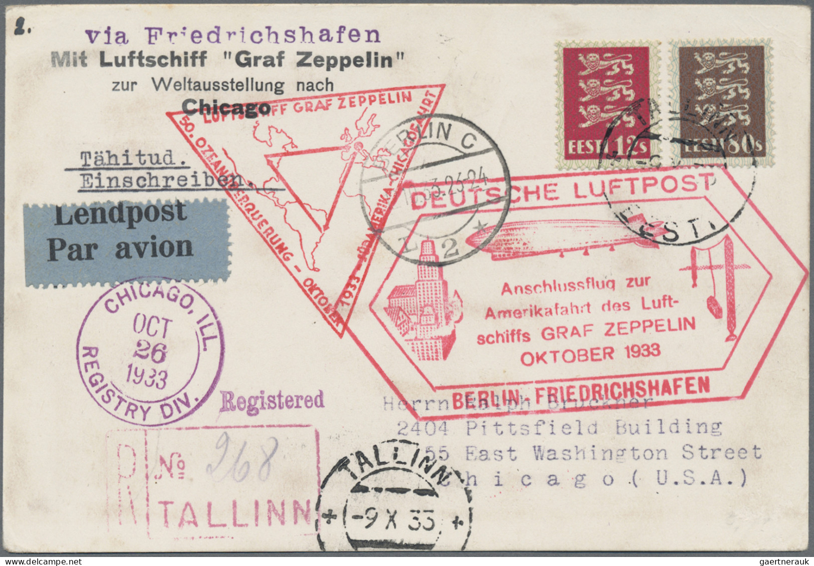 Zeppelin Mail - Europe: 1933, ESTLAND, CHICAGOFAHRT Zur Weltausstellung, Einschr - Andere-Europa