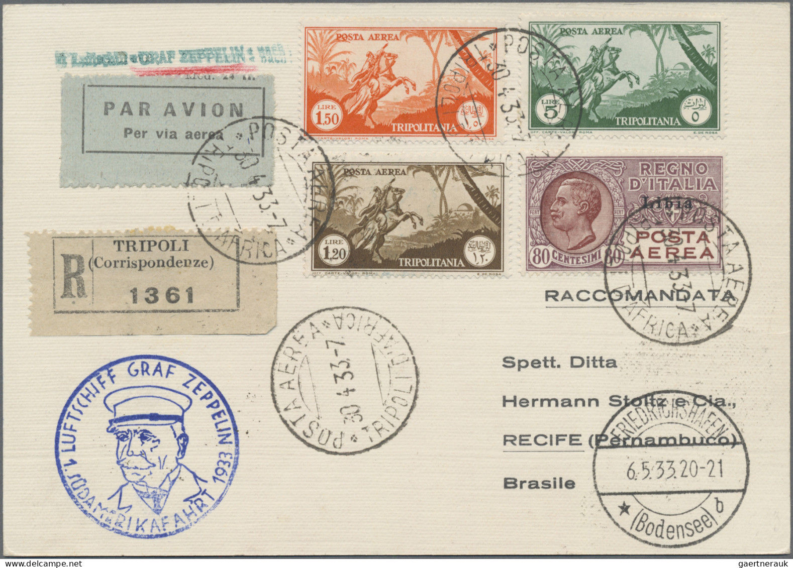 Zeppelin Mail - Overseas: 1933, Tripolitania, 1st South America Flight, Airmails - Zeppelin