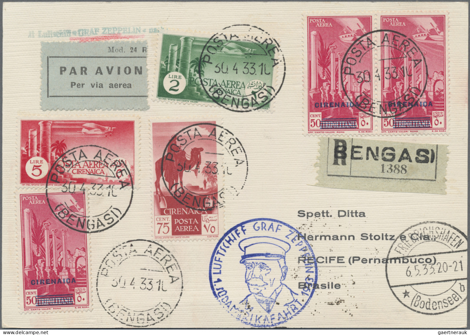 Zeppelin Mail - Overseas: 1933, Cyrenaica, 1st South America Flight, Registered - Zeppelines