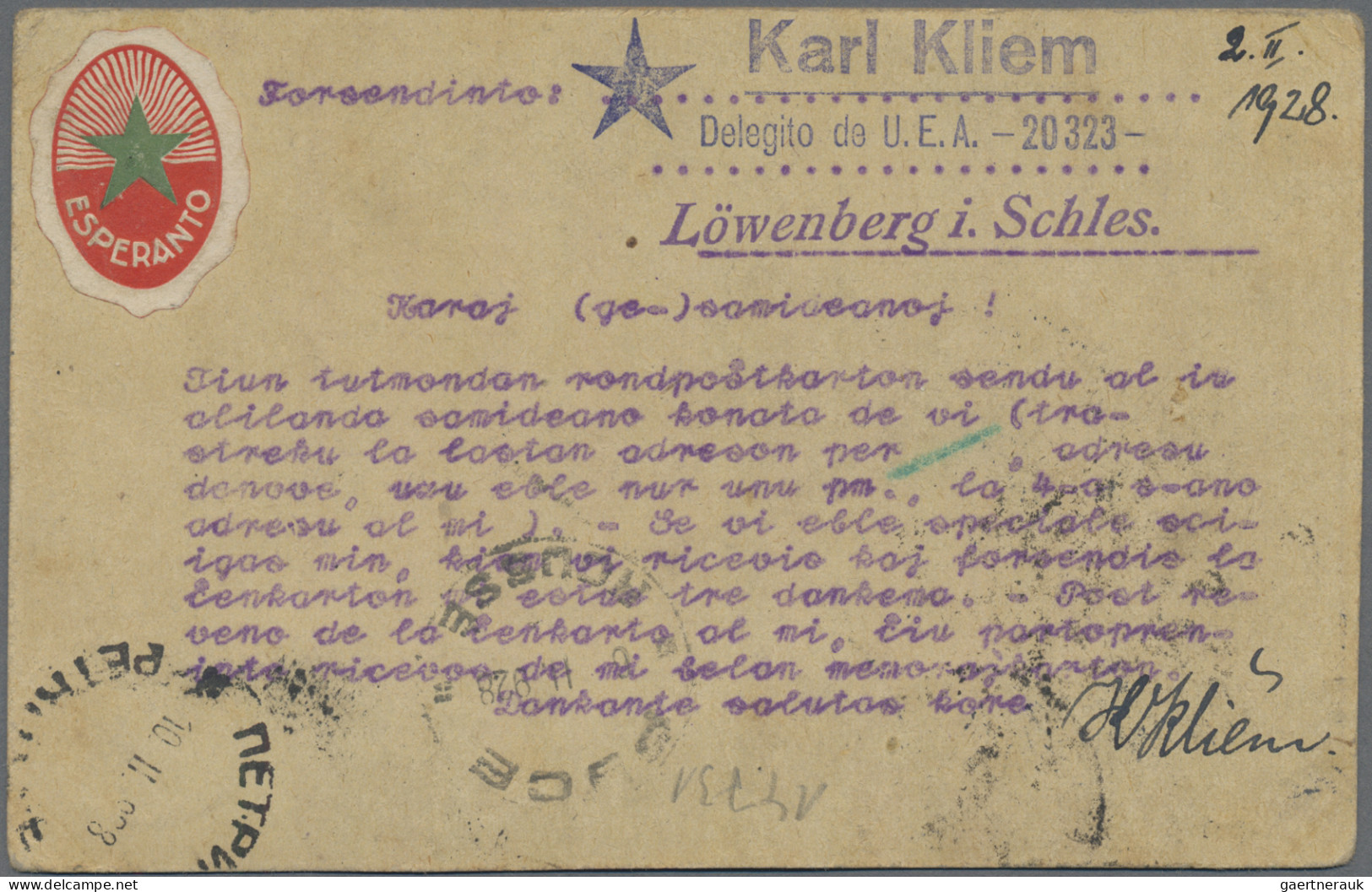 Thematics: Esperanto: 1928, "Round-the-World" Card Germany-Bulgaria-Denmark-Fran - Esperanto