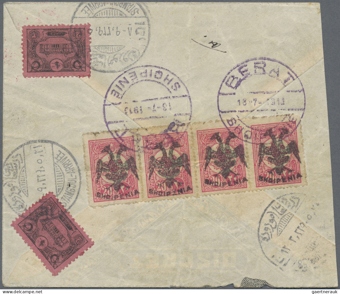 Albania: 1913, 20 Pa Rose 'double Eagle', Horizontal Strip Of 4, Tied By Violet - Albanien