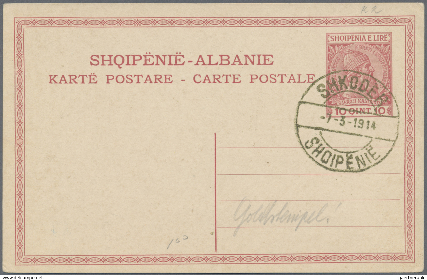 Albania: 1913, 5 Q Green On Souvenir Postcard + 10 Q Red Postal Stationery Card - Albania