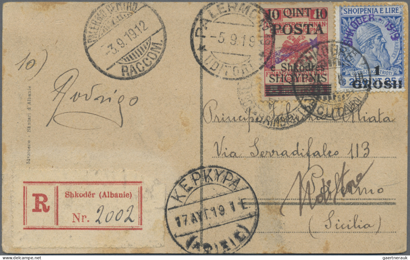 Albania: 1919, 10q. On 8h. Rose In Combination With Local Shkoder Issue 1gr. On - Albania