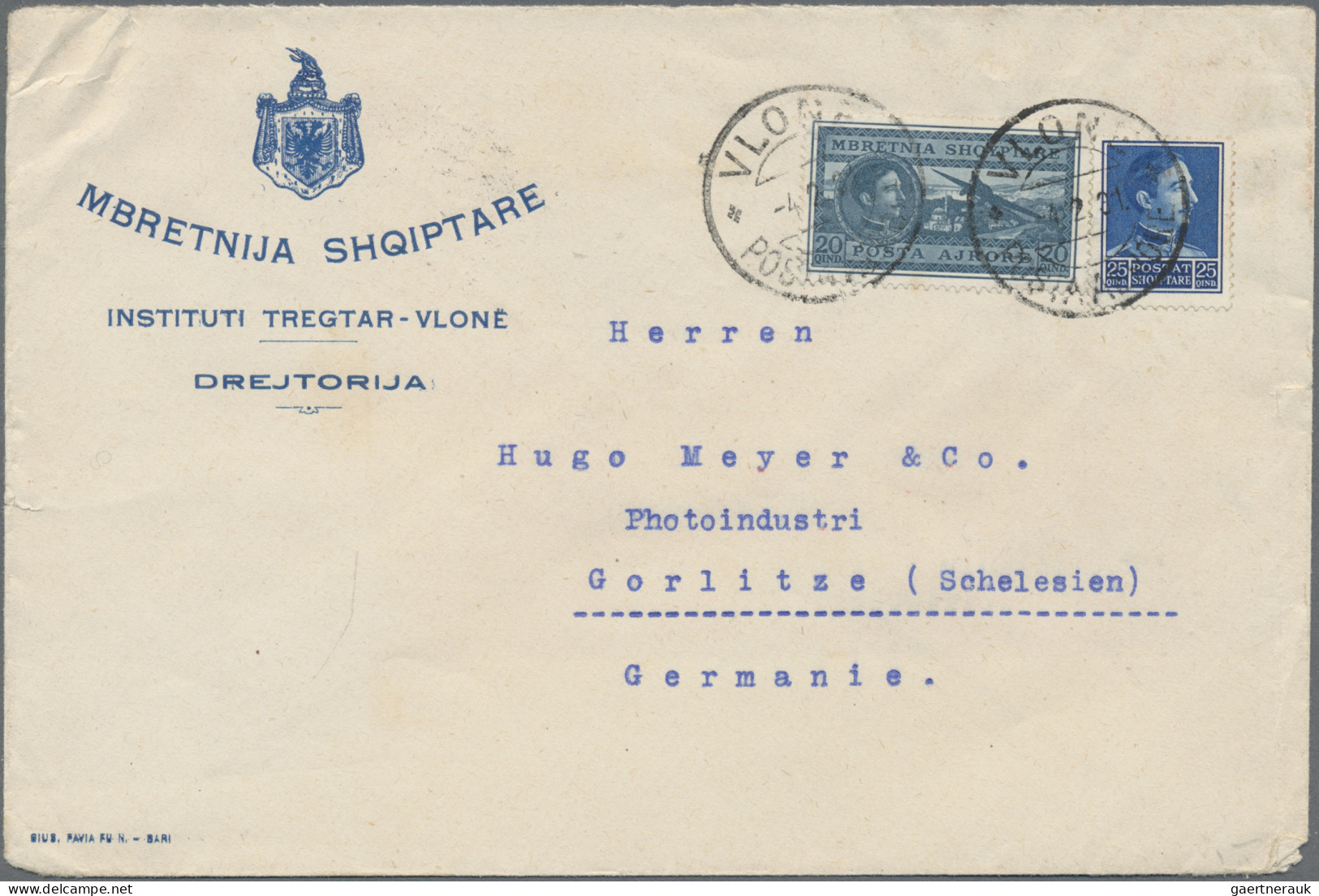 Albania: 1933, 20q. Greyish Blue Airmail Stamp And 25q. Blue On Commercial Airma - Albanien