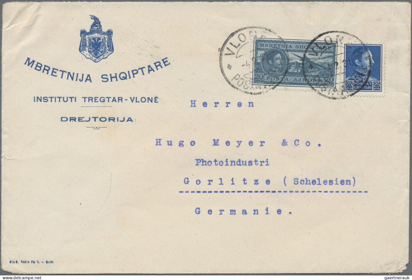 Albania: 1933, 20q. Greyish Blue Airmail Stamp And 25q. Blue On Commercial Airma - Albanië