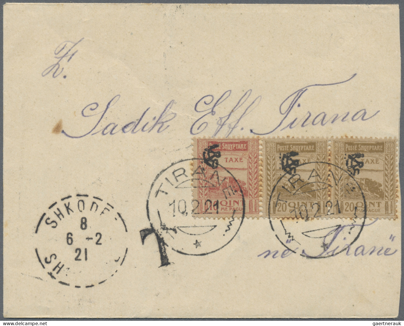 Albania  - Postage Dues: 1921, Unfranked Letter From "SHKODER 6.2.21" To Tirana - Albanien