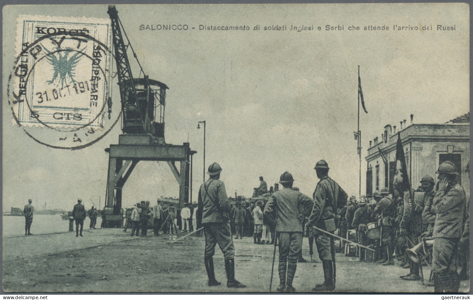 Albania: KORYTSA Republic, 1917, 5 Cts Green/black 'double Eagle', Tied By Cds K - Albania