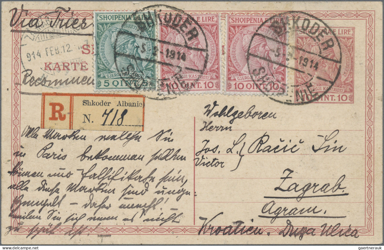 Albania - Postal Stationery: 1914, Stationery Card Skanderberg 10q. Red Uprated - Albanien