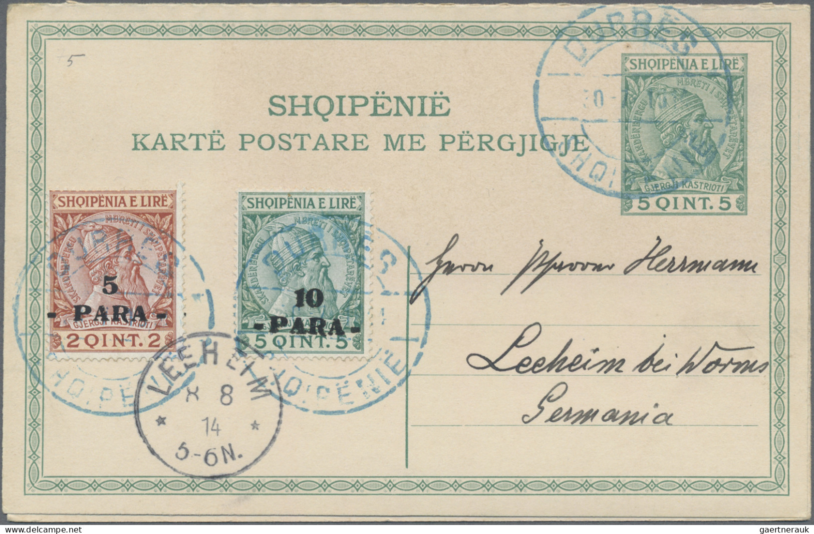 Albania - Postal Stationery: 1913, 5 Q/5Q Green Postal Stationery Double Postcar - Albanie